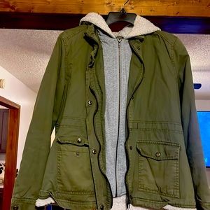 From Old Navy, a Large and olive green and grey with hoodie.